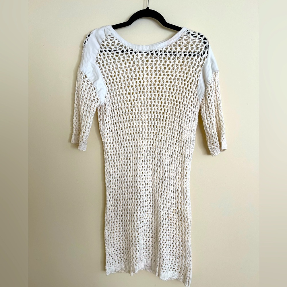 Zara B&W Crochet Off White Dress  With Faux Leather Trim Women Size S US
